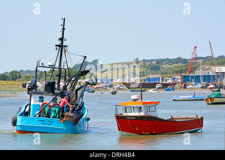 The 'Abbie Jayne' a vacuum cockler at Leigh on Sea down from the port of King's Lynn with ruins of Hadleigh Castle beyond Stock Photo