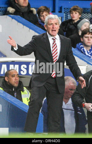 London, UK. 26th Jan, 2014. Stoke City manager Mark HUGHES shows his frustration during the FA Cup 4th Round match between Chelsea and Stoke City at Stamford Bridge. Final score: Chelsea 1-0 Stoke City. Credit:  Action Plus Sports/Alamy Live News Stock Photo