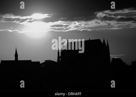 Black and White image sunset over Lancing College Chapel, Lancing village, South Downs National Park, West Sussex, England, UK Stock Photo