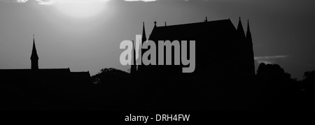 Black and White image sunset over Lancing College Chapel, Lancing village, South Downs National Park, West Sussex, England, UK Stock Photo