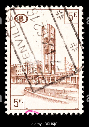 Postage stamp from Belgium depicting the new North train station in Brussels, for the payment of parcel post deliveries by mail. Stock Photo