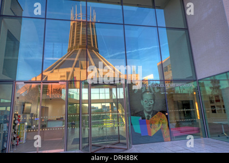Liverpool Catholic Cathedral Reflected in School Of Art, England UK Stock Photo