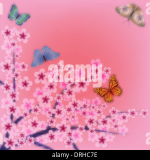 abstract pink grunge background with flowers and butterflies Stock Photo