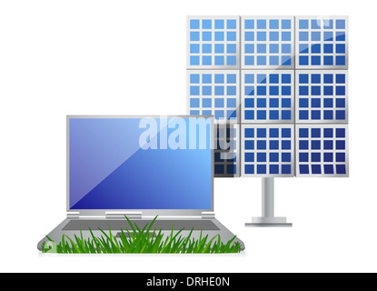 green it concept with laptop and solar cell panel illustration design over white Stock Photo