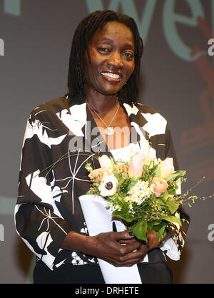 Hamburg, Germany. 26th Jan, 2014. Kenyan sociologist Auma Obama, half-sister of US President Barack Obama, stands on the stage of the Thalia Theater in Hamburg, Germany, 26 January 2014. With a speech Obama opened the international theater festival 'In all the World - Lessing Days 2014' that runs from 25 January to 09 February. Photo: AXEL HEIMKEN/dpa/Alamy Live News Stock Photo