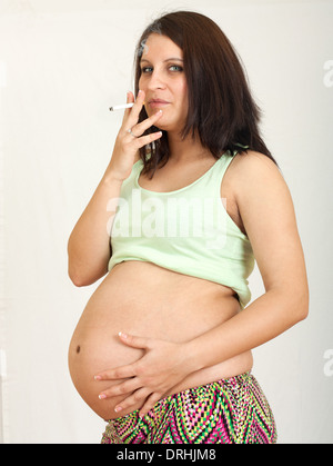 Pregnant woman smoking cigarette.Unhealthy smoker concept Stock Photo