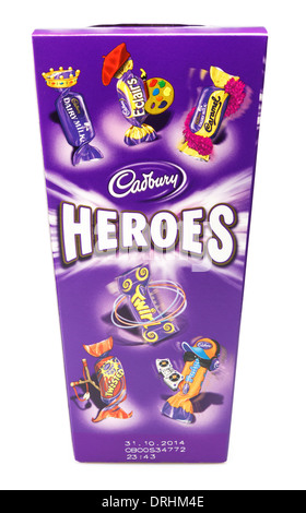Box of Cadbury's Heroes chocolates unopened and isolated on a white background. England UK Britain