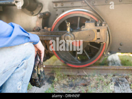 Train engineer working with maintenance of old locomotive, Sweden Stock Photo