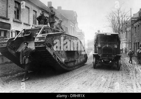 Captured British tank in Armentieres, France, WW1 Stock Photo