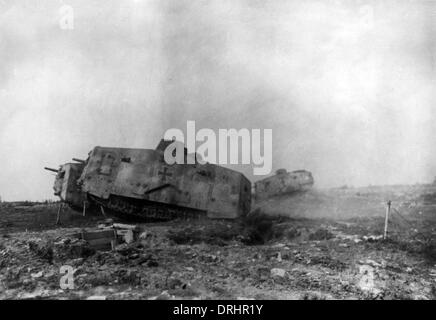 German tanks attacking Allied trench positions, WW1 Stock Photo