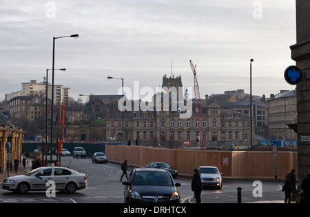 Bradford, West Yorkshire, England, looking across the Westfield site, urban garden to the Cathedral Stock Photo