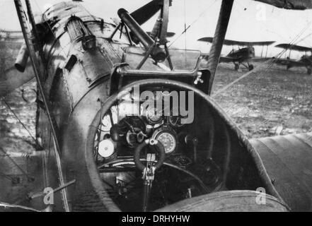 Cockpit of British SE5A biplane on airfield, WW1 Stock Photo