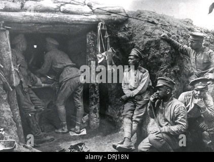 Czech soldiers outside a dugout, Russian Front, WW1 Stock Photo