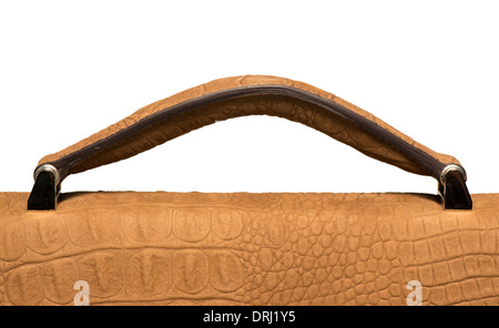 Closeup of light brown leather handbag handle isolated on white background Stock Photo