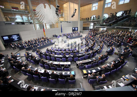 Berlin, Germany. 27th Jan, 2014. Members of the German parliament attend an event for the day of remembrance of the victims of National Socialism at the Reichstag building in Berlin, Germany, 27 January 2014. Photo: WOLFGANG KUMM/dpa/Alamy Live News Stock Photo