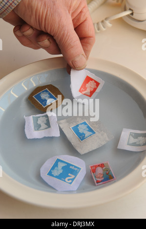 royal mail postage stamps soaking for reuse to save money Stock