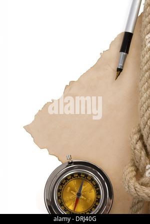 ropes and vintage ancient paper isolated on white background Stock Photo