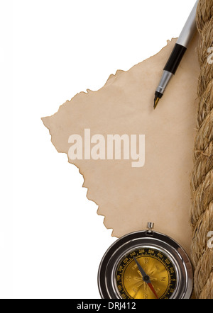 ropes and vintage ancient paper isolated on white background Stock Photo