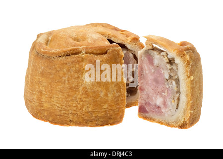 A hand finished traditional Melton Mowbray pork pie with a piece cut out - studio shot with a white background Stock Photo