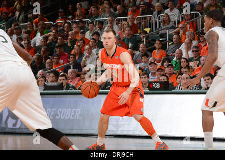 Coral Gables, Florida, USA. 25th Jan, 2014. Trevor Cooney #10 of Syracuse in action during the NCAA basketball game between the Miami Hurricanes and the Syracuse Orange in Coral Gables, Florida. The Orange defeated the 'Canes 64-52. © csm/Alamy Live News Stock Photo