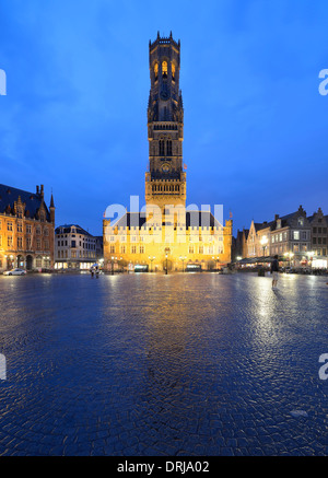 Night admission Belfried or Belfort bell tower, Grote market, marketplace, Old Town, UNESCO world cultural heritage Brugge, Flan Stock Photo