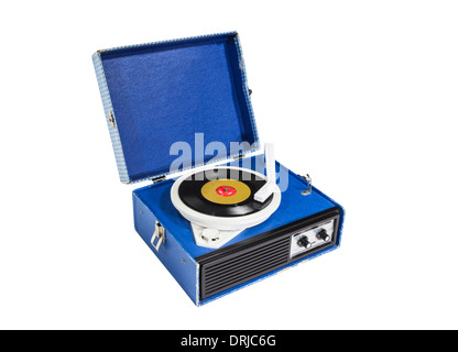 Old blue record player isolated with clipping path. Stock Photo