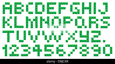 A cross stitch alphabet and numbers on a white background. Stock Photo