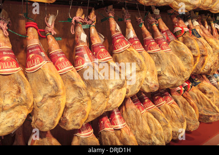 Supermarket display of jamones (hams) in Huelva, Andalusia, Spain. Stock Photo