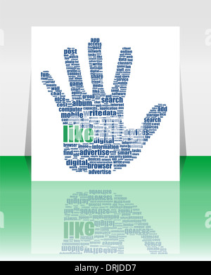 Illustration of the hand symbol, which is composed of text keywords on social media themes Stock Photo