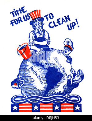 Uncle Sam cleans up the Globe - USA - WW2 Propaganda Stock Photo