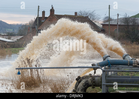 Pumping water from the flooded Somerset Levels at Burrowbridge into the River Parrett follwoing ongoing heavy rain. Stock Photo