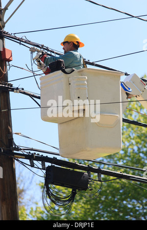 Power engineer in lift bucket working on power lines, Braintree, Massachusetts, USA Stock Photo