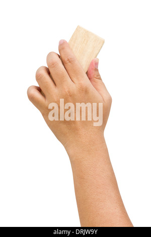 Asian man's hand erasing the white board isolated on white. Stock Photo