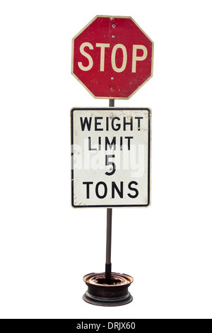 Stop and 5 ton weight limit dirty sign plate isolated on white. Stock Photo