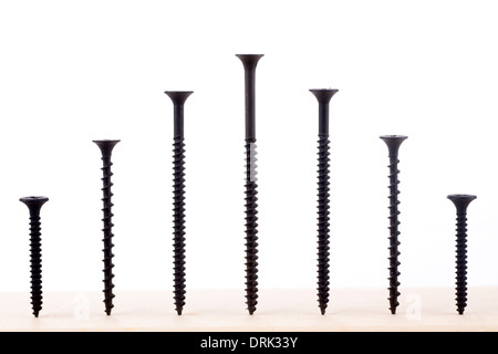 Black screws of different size on white background Stock Photo