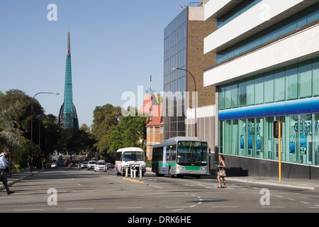 Looking south down Barrack Street to the Bell Tower monument. City center of Perth, Western Australia. Stock Photo