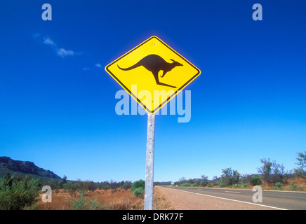 Kangaroo warning sign on an empty outback road in the Flinders range national park near Wilpena South Australia Stock Photo