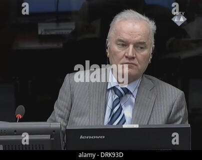 The Hague, Netherlands. 28th Jan, 2014. Former Bosnian Serb Army chief Ratko Mladic appears at the court of the International Criminal Tribunal of the former Yugoslavia (ICTY) in The Hague, Netherlands, on Jan. 28, 2014. Two of the key figures of the Bosnian War in the nineties were in court together on Tuesday in The Hague, with former Bosnian Serb Army chief Ratko Mladic appearing in the defense case of former Bosnian Serb leader Radovan Karadzic. Credit:  ICTY/Xinhua/Alamy Live News Stock Photo