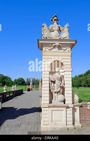 Bridge with statue at entrance, Moated Castle Nordkirchen, North Rhine-Westphalia, Germany, Europe Stock Photo