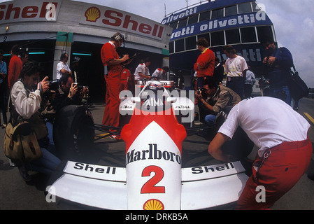 Alain Prost in his Malboro- McLaren F1 car in the pits 1985 Portuguese GP Stock Photo