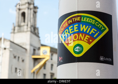 Free wifi sign front of Civic Hall, Leeds, England Stock Photo