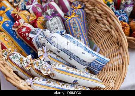 Bags with dried lavender blossoms on the market in Aix en Provence, South France Stock Photo