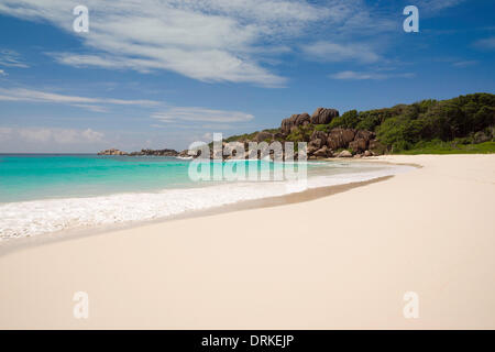 Fantastic sandy beach typical of the Seychelles rock formations, Grand Anse, La Digue, Seychelles, Indian Ocean, Africa - 2013 Stock Photo