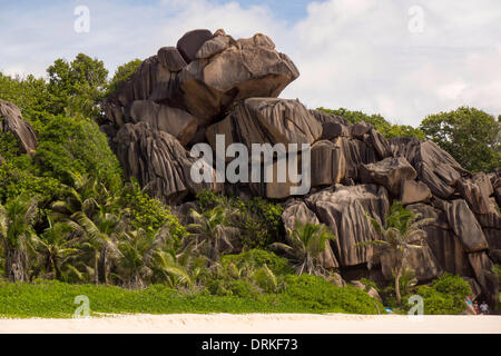 Fantastic sandy beach typical of the Seychelles rock formations, Grand Anse, La Digue, Seychelles, Indian Ocean, Africa - 2013 Stock Photo