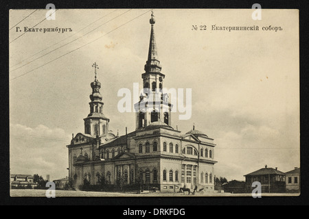 Saint Catherine's Cathedral in Yekaterinburg, Russian Empire. Black and white vintage photograph by Russian photographer Veniamin Metenkov dated from the beginning of the 20th century issued in the Russian vintage postcard published by Veniamin Metenkov himself in Yekaterinburg. Text in Russian: Yekaterinburg. St Catherine's Cathedral. The cathedral was demolished by the Bolsheviks in the 1930s. Courtesy of the Azoor Postcard Collection. Stock Photo