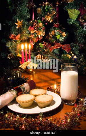 Mince pies and a glass of milk left out for Santa on Christmas Eve Stock Photo