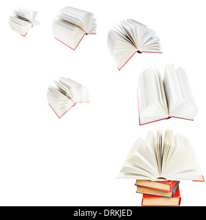 open books fly out of pile of books isolated on white background Stock Photo