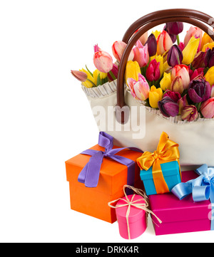 Bag  of tulips  with gift boxes Stock Photo