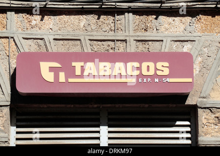 'Tabacos' sign above the entrance to a tabacos (tobacco) shop in Cadiz, Andalusia, Spain. Stock Photo