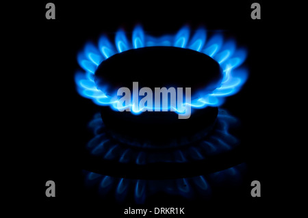 Blue gas flames from stove burner in the dark Stock Photo